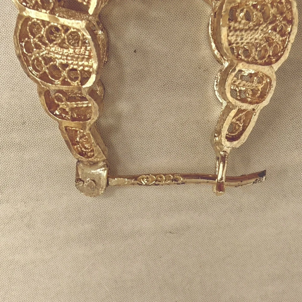 Vintage 925 Sterling Silver Vermeil Gold Filigree Hoop Earrings